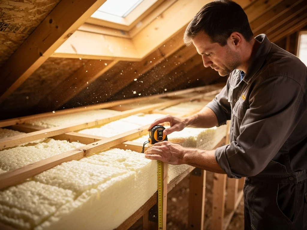 Artisan mesurant l'épaisseur d'isolant sous les rampants du toit
